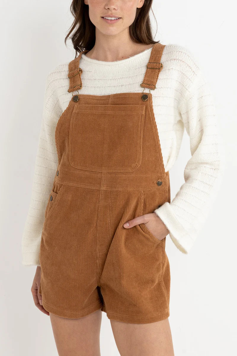 Rhythm Womens Cord Tide Short Overalls - Brown
