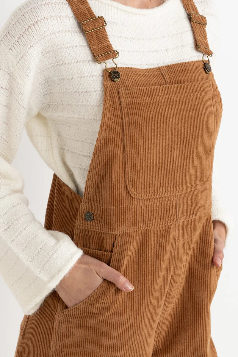 Rhythm Womens Cord Tide Short Overalls - Brown