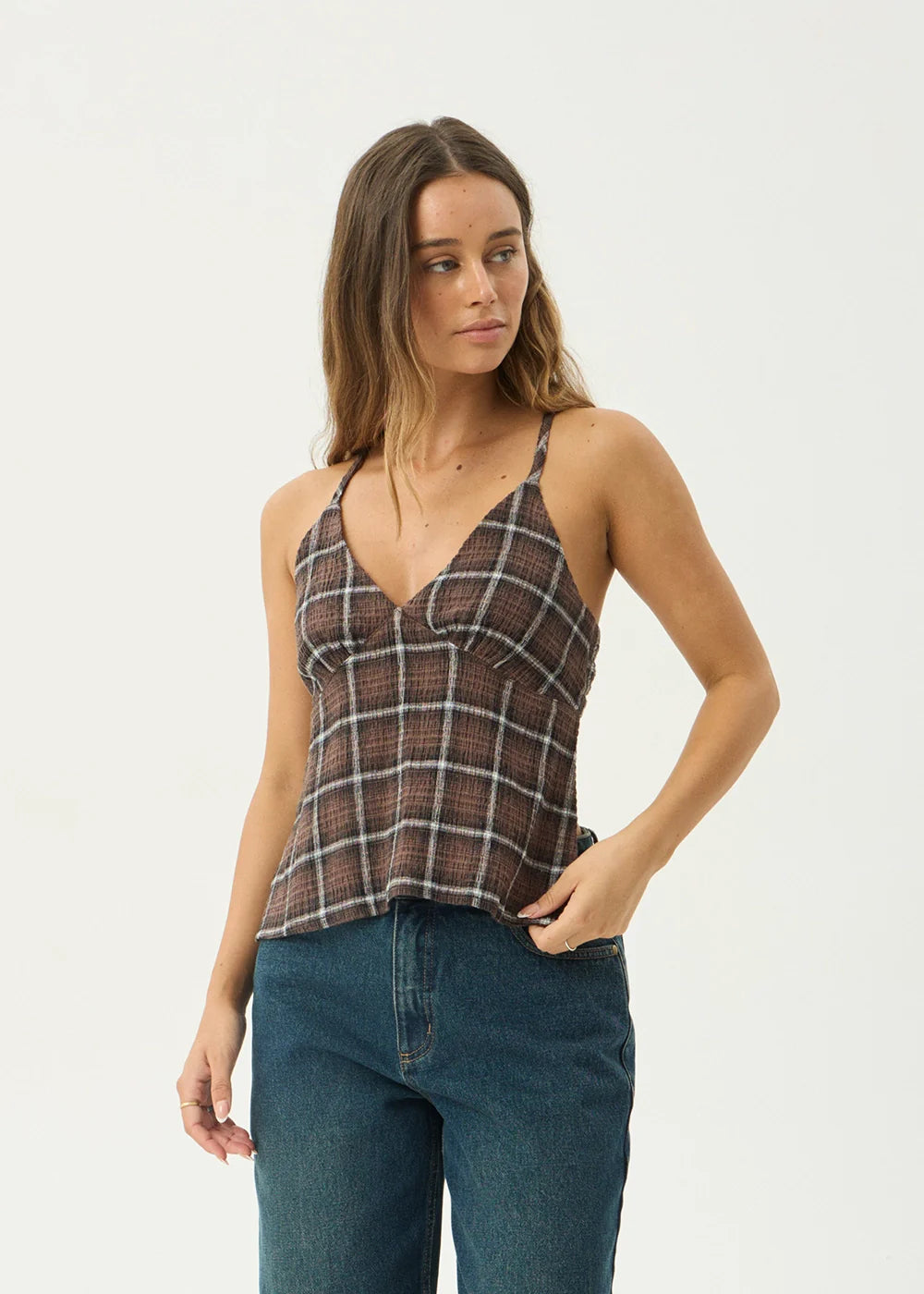 Afends Hemp Reverie Seersucker Top - Coffee Check