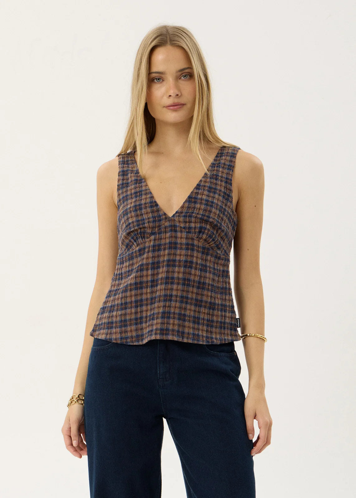 Afends Giselle Hemp Seersucker Top - Indigo Check