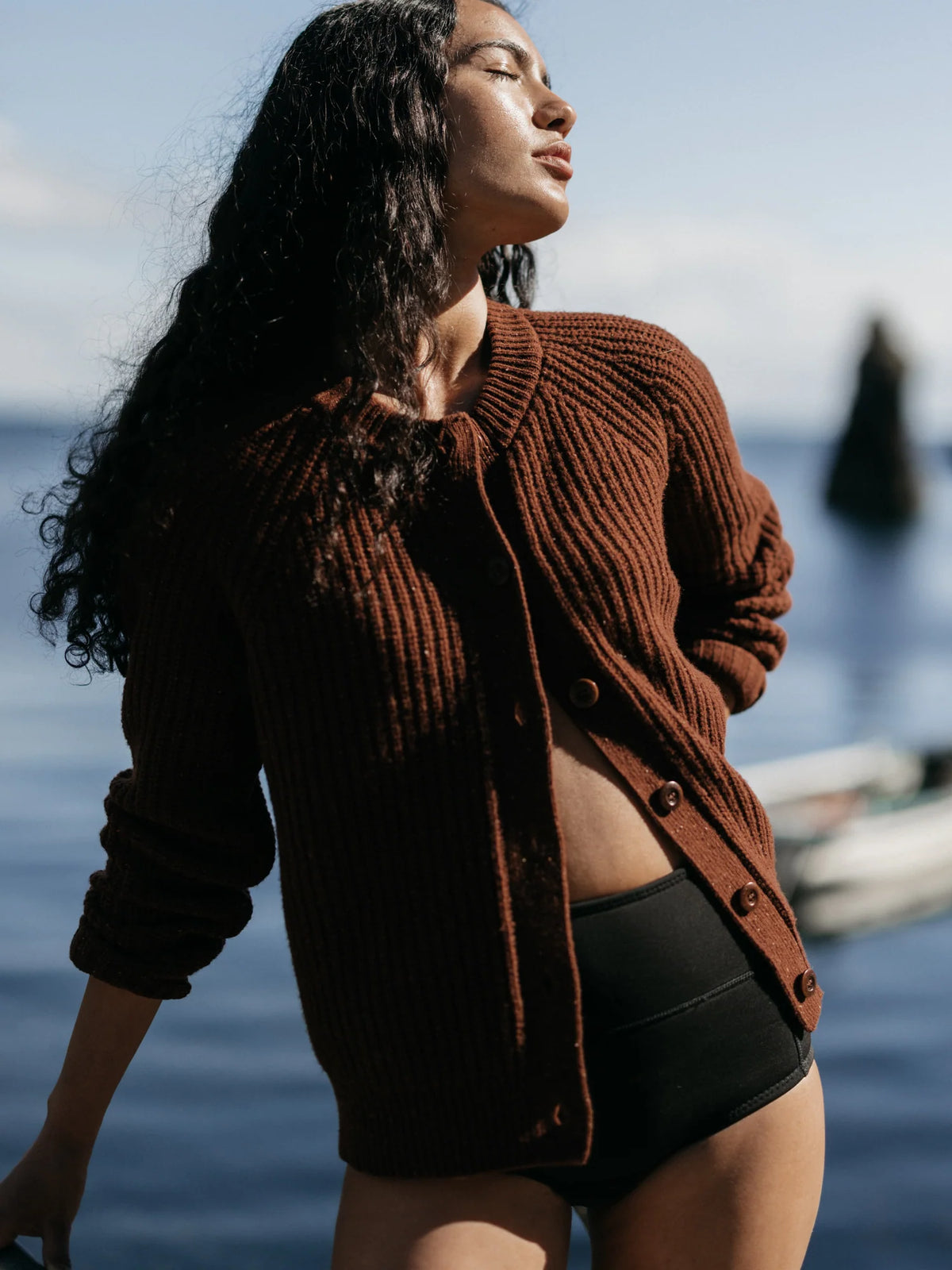 Finisterre Mora Crew Neck Cardigan - Mahogany Brown