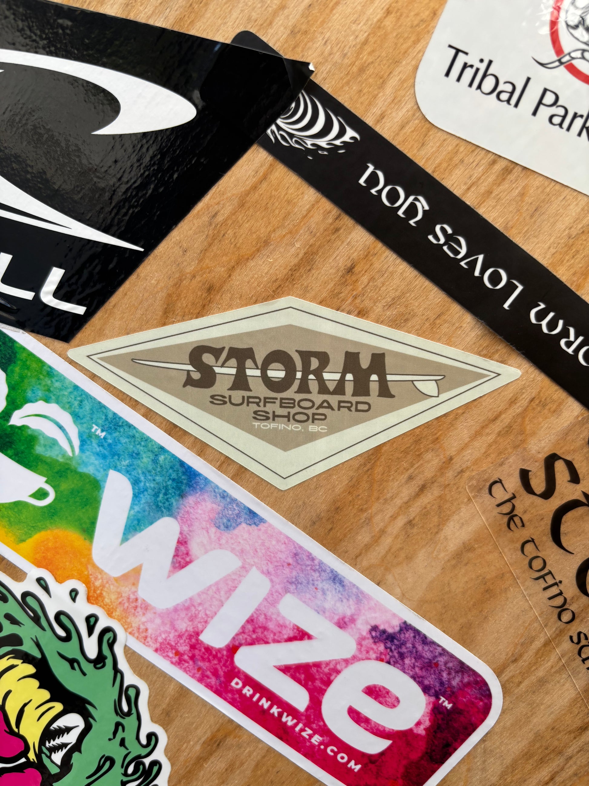 Storm Diamond Surfboard Shop Sticker Brown