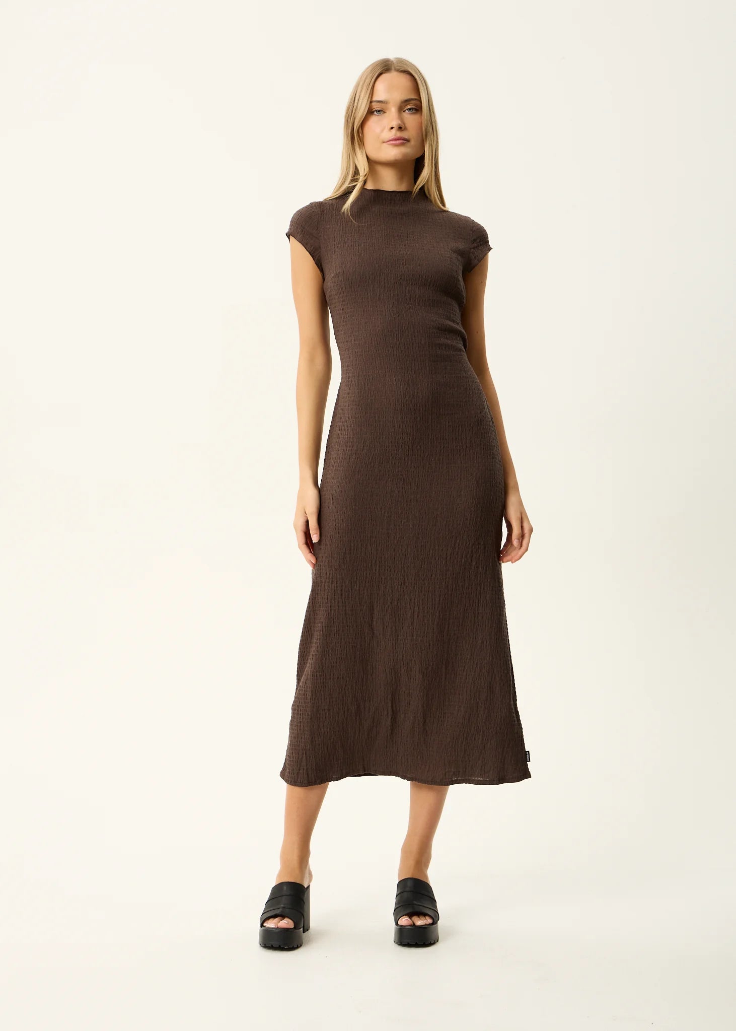 Afends Focus Elodie Seersucker Midi Dress - Coffee
