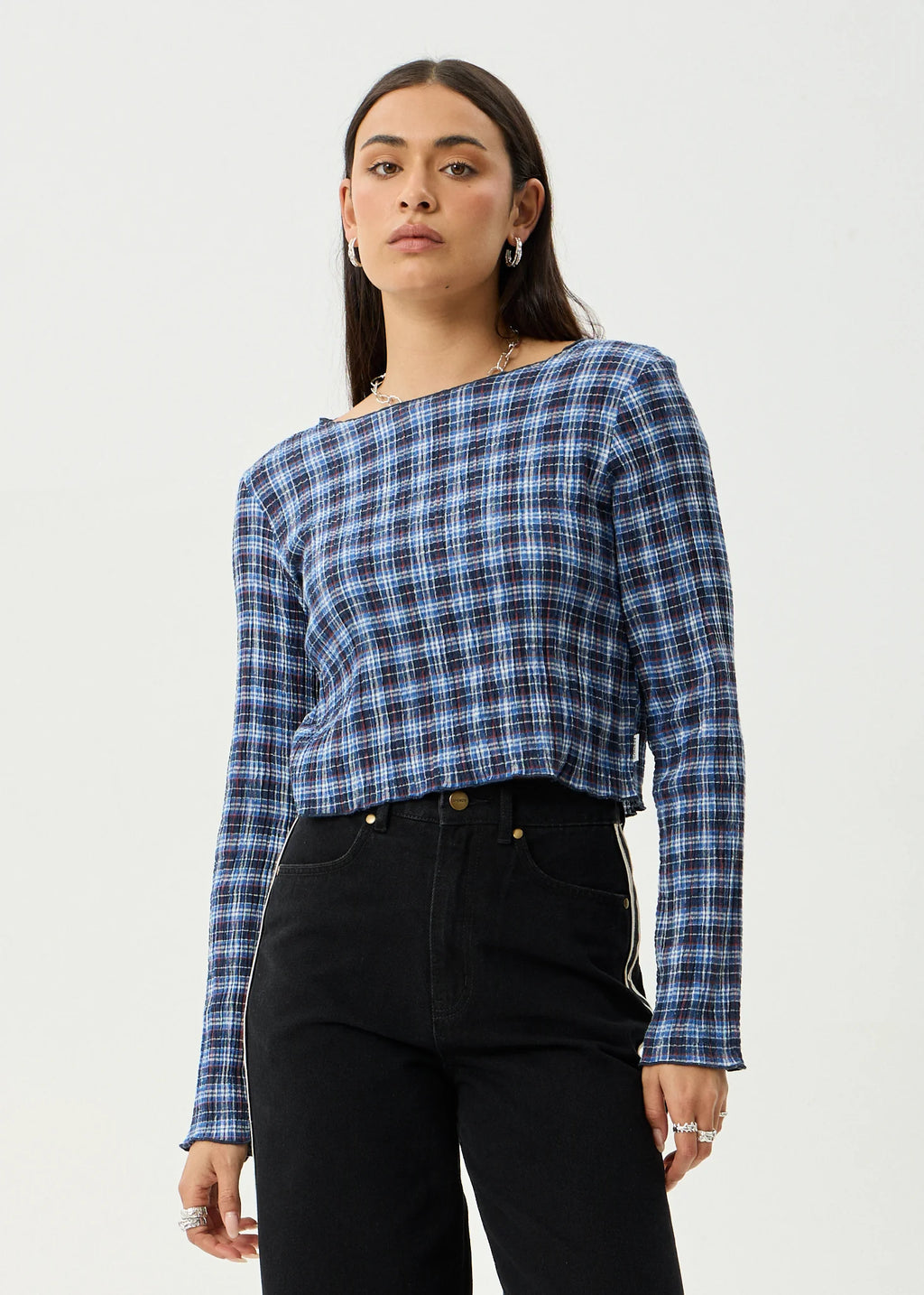 Afends Mountains Seersucker Long Sleeve - Navy Red