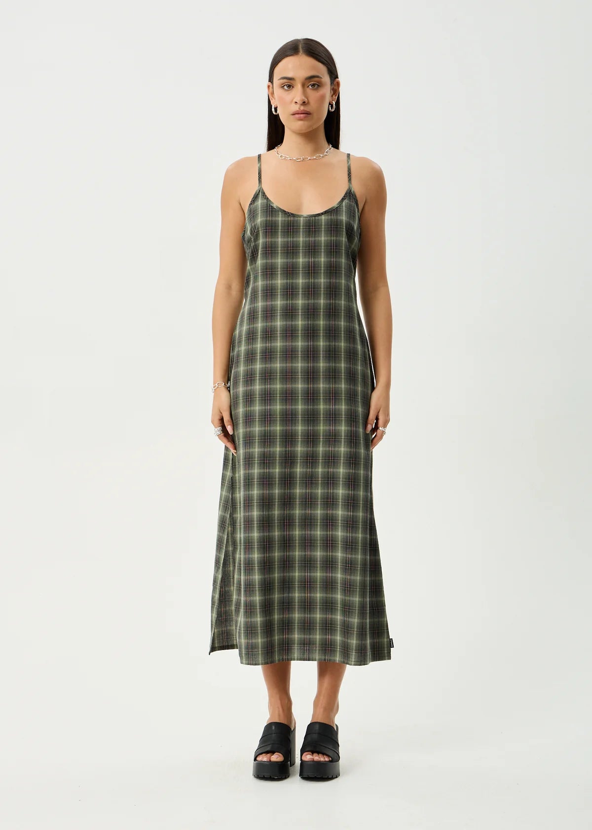 Afends Jonah Valley Recycled Maxi Dress - Deep Olive Check