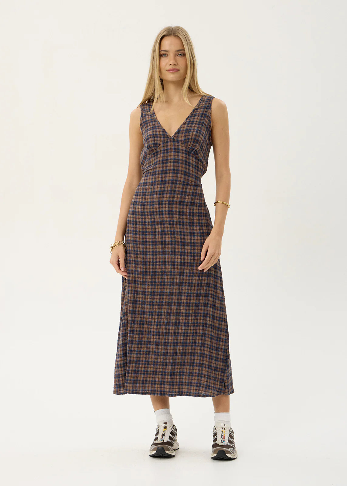 Afends Tully Shev Seersucker Maxi Dress - Indigo Check