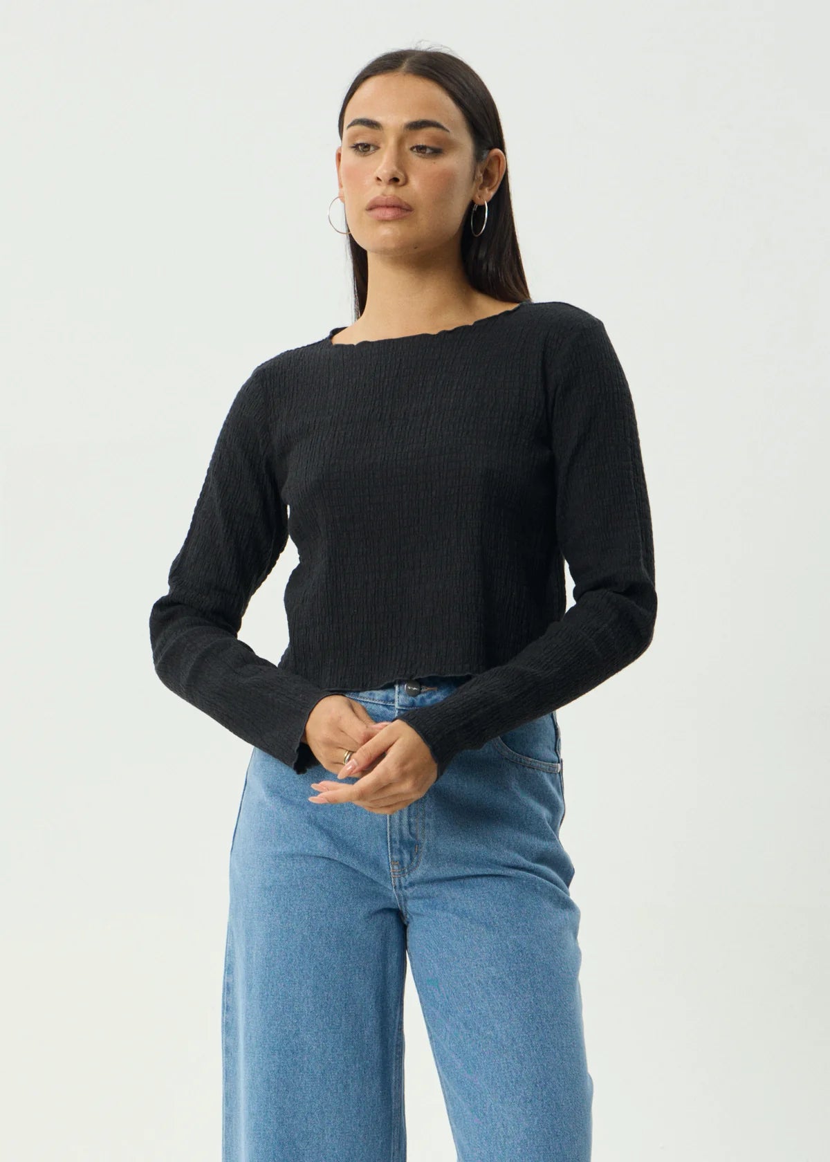 Afends Hemp Focus Seersucker Long Sleeve Top - Black