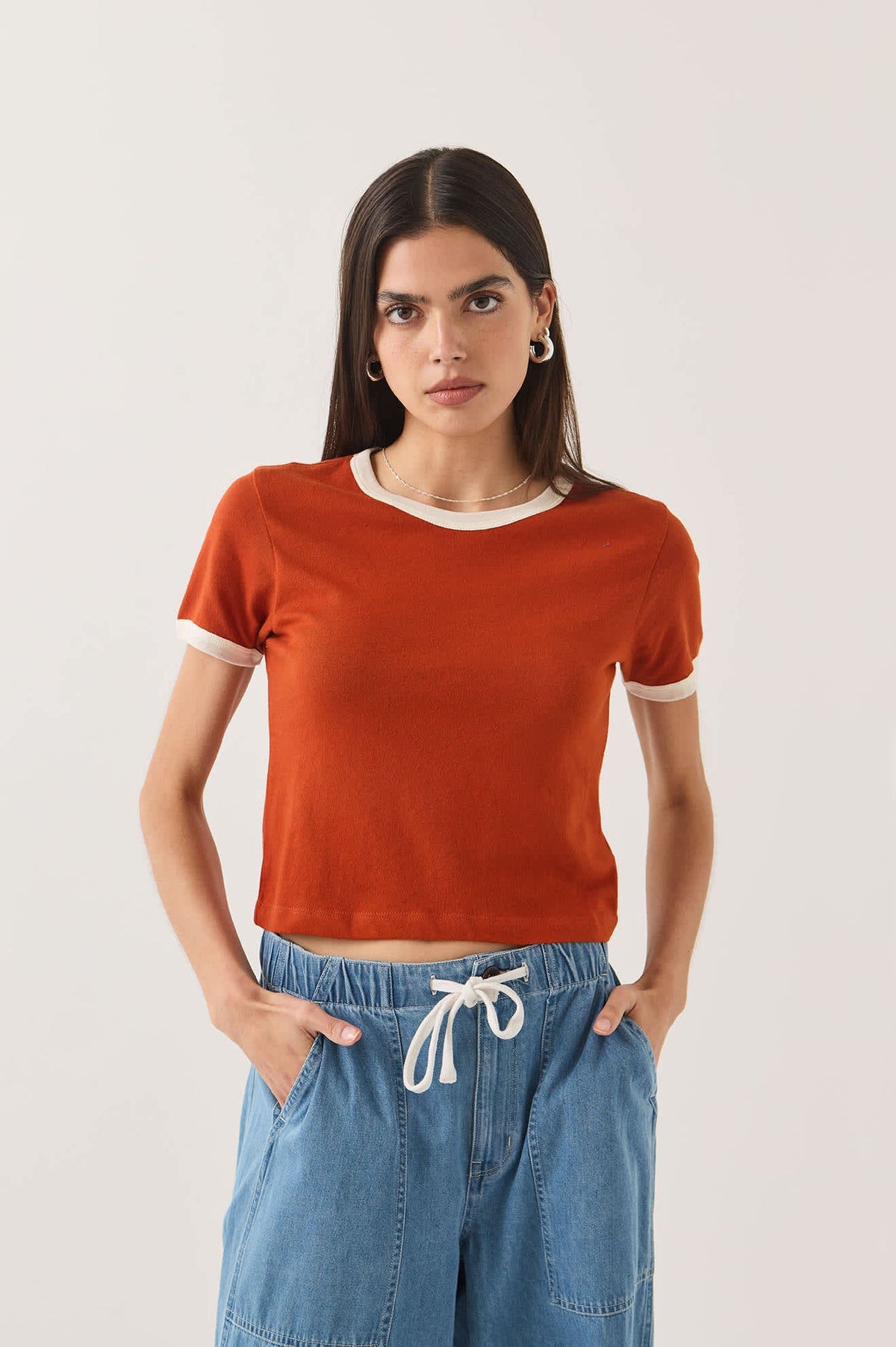 Brixton Carefree Organic Ringer Tee - Rust/Off White
