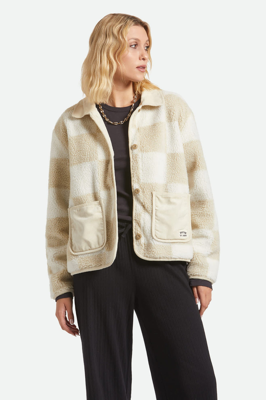 Brixton Delilah Sherpa Jacket- White/Natural Finish Line Checker