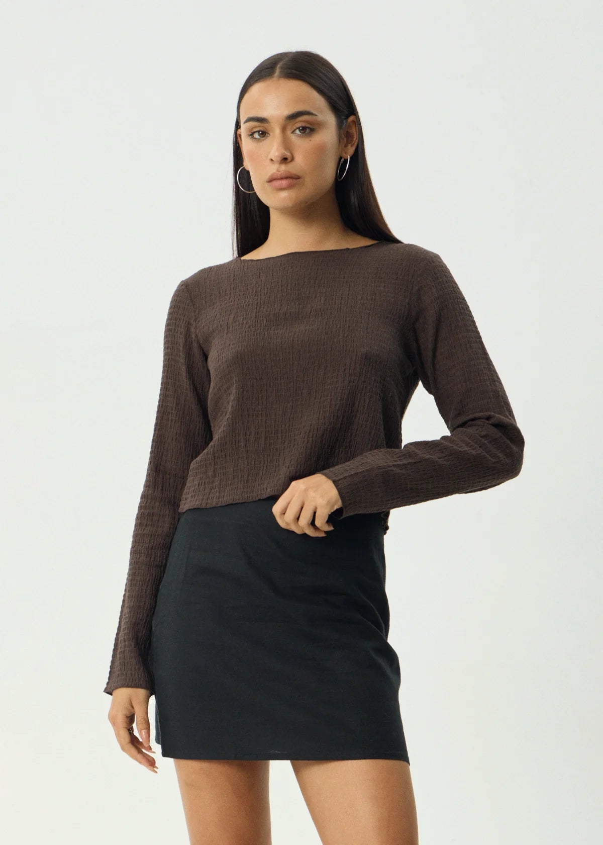 Afends Hemp Seersucker Long Sleeve Top - Coffee