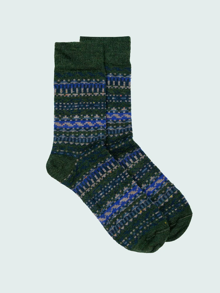 Finisterre Talland Fairisle Sock - Olive/Blue Multi